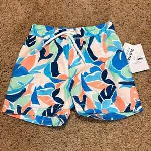 Old Navy Blue and Orange Abstract Pattern Swim Shorts, size 18-24 months.